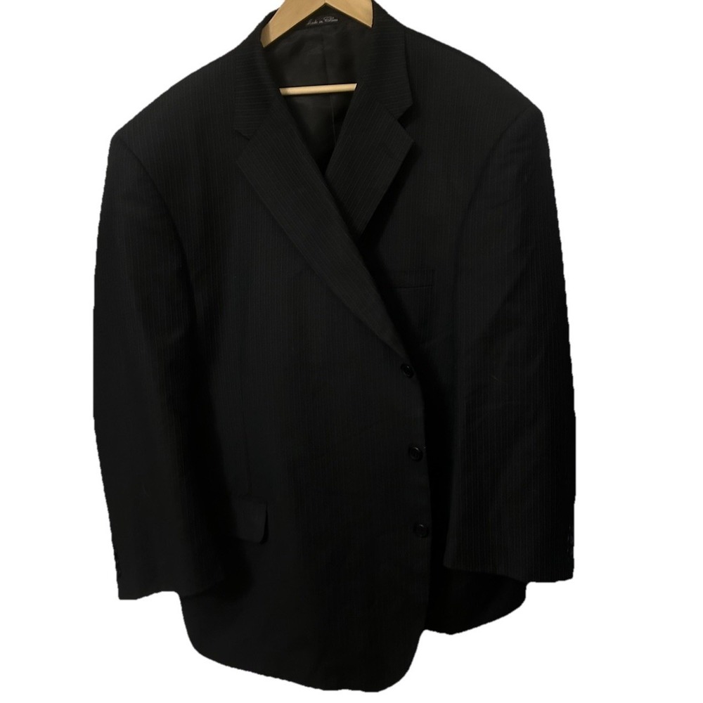 Adolfo Suit Jacket Blazer Men's Black with Charcoal Pinstripe 56R 100% Wool JS22